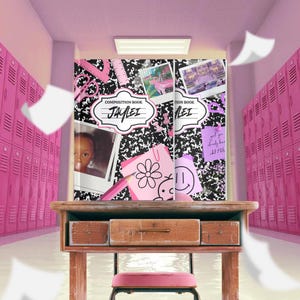 May include: Two composition notebooks with black and white checkered covers. The covers are decorated with stickers, drawings, and photos. The notebooks are titled "Jaylei" and "Mei".