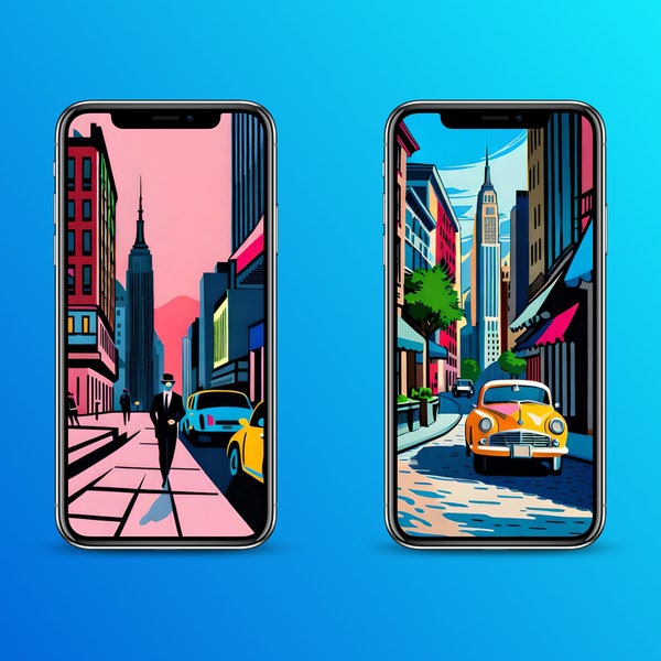 NYC INSPIRÉ PAR MATISSE | Télécharger fond d'écran iPhone | Couleurs audacieuses | Bleu vibrant, vert luxuriant, rose vif | Numérique | Artistique | Ambiance urbaine