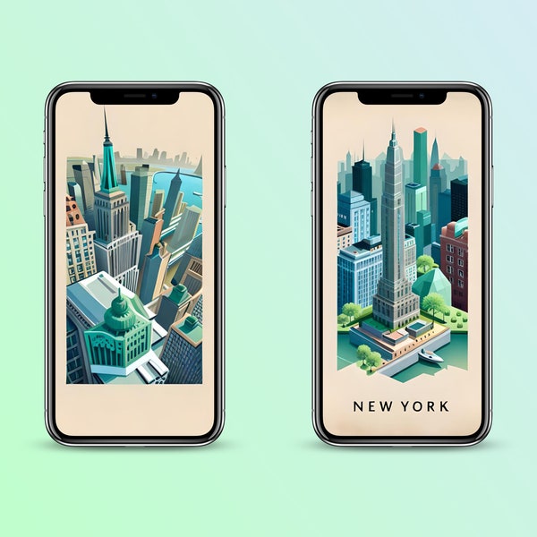 NYC Wallpaper Design | iPhone Wallpaper herunterladen | Kräftige Farben | Kräftiges Blau, Üppiges Grün, Hellrosa | Digital | Künstlerisch | Urbanes Flair