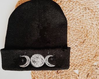 Moon phase embroidered beanie