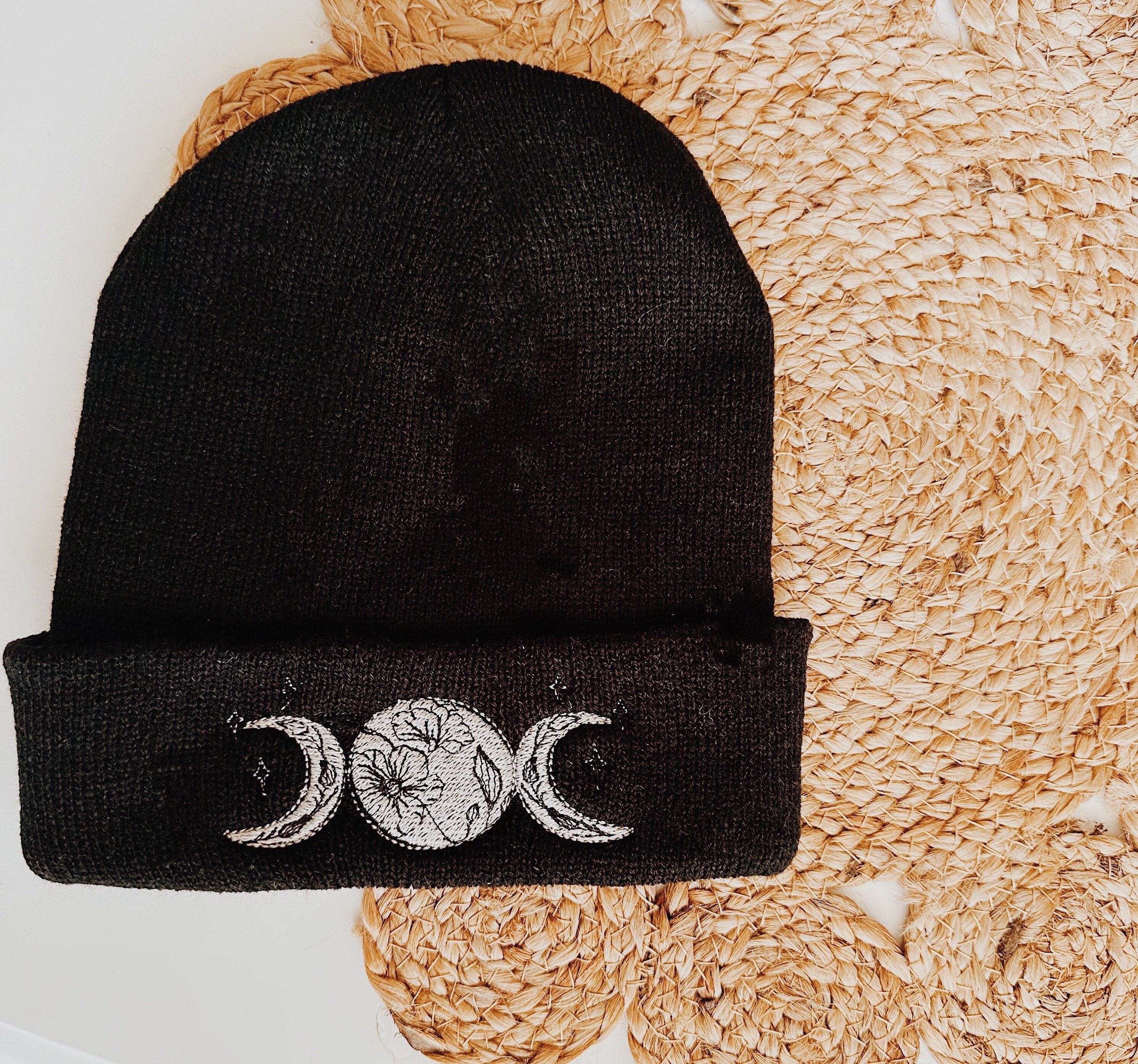 Black Moon Phase Embroidered Beanie - Moon Phases Cuffed Beanie | Stylish Embroidered Knit Hat main image 4