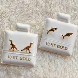 10k solid gold dainty animal studs / dinosaur t rex / shark ocean / dino earrings. T-rex Jurassic Park minimalistic piercing gift