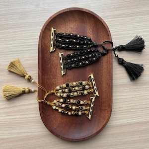 Adjustable apple watch band for woman / black / gold / crystals / tassels / 42mm 44mm 45mm / 38mm 40mm 41mm / Handbeaded boho watch band