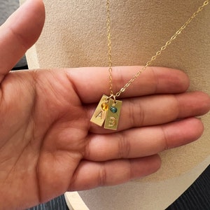 Initial + Birthstone necklace gemstone non-tarnish bridesmaid Personalized Tag Custom Engraved Pendant 14K Gold Filled / Sterling Silver
