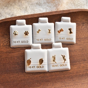 10k solid gold small dainty stud nature / animal earrings / leaf / branch / Plant / dog bone paw /  Floral plant Minimalist piercing Jewelry