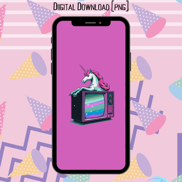 Unicorn Lockscreen Wallpaper Cartoon Character, pink unicorn TV, 80s PNG 90s PNG, 90s graphic, 80s aesthetic, 90s nostalgia