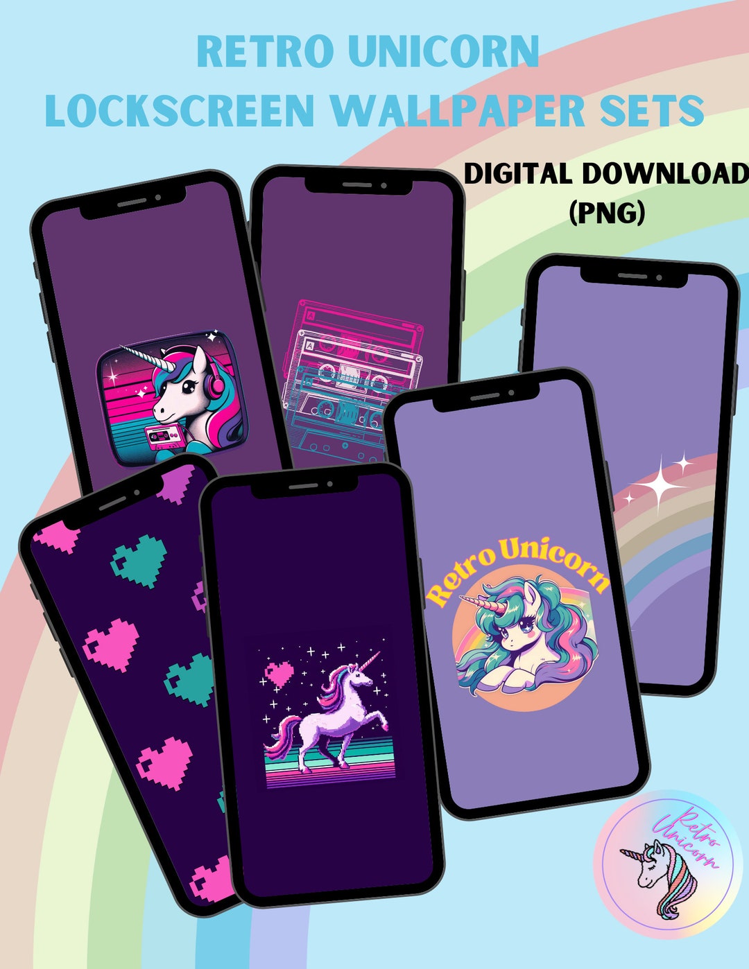 Unicorn Lockscreen Wallpaper Bundle, 80s PNG 90s PNG, 90s Graphic, 90s
