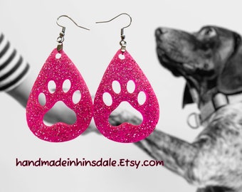 pink paw print earrings, resin paw print earrings, pink glitter tear drop resin earrings, pet lovers earrings