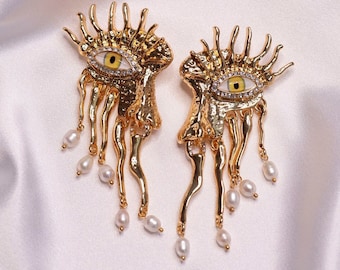 Vintage gold tone evil eye drop earrings; Anatomy face drop stud earrings; Party costume jewelry; Festival earrings