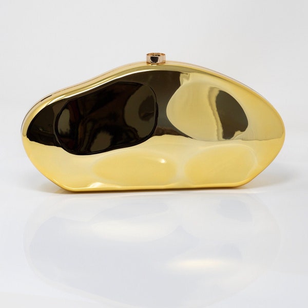 Shell shape metallic mini bag; Elegant Gaia style bag; Evening gold silver clutch; Mirrored event clutch; Gala party clutch