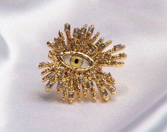 Vintage gold evil eye ring; Surrealist large crystals bursting eye cocktail ring; Adjustable ring; Fashion statement ring; Festival ring