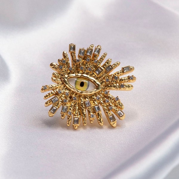 Vintage gold evil eye ring; Surrealist large crystals bursting eye cocktail ring; Adjustable ring; Fashion statement ring; Festival ring