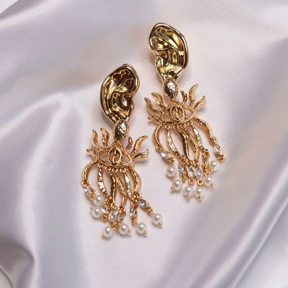 Vintage gold tone anatomy face earrings; Large ea… - image 1