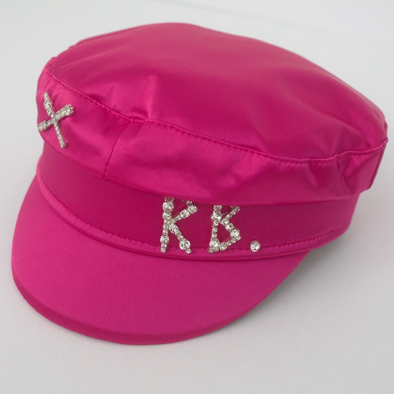 fuchsia pink satin RB crystals baker boy hat image 2