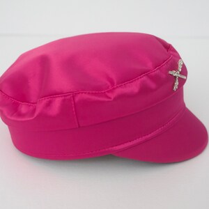 fuchsia pink satin RB crystals baker boy hat image 4