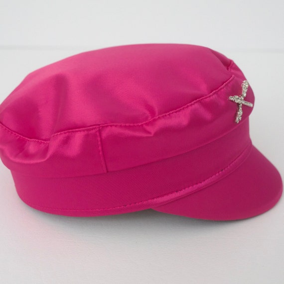 fuchsia pink satin RB crystals baker boy hat - image 4