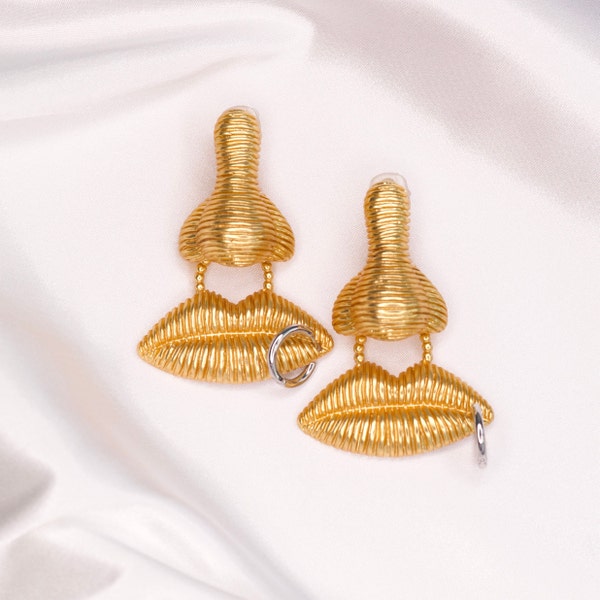 Vintage gold drop clip on earrings; Pierced mouth earrings; Anatomy face earrings; Fashion statement earrings; Costume jewelry