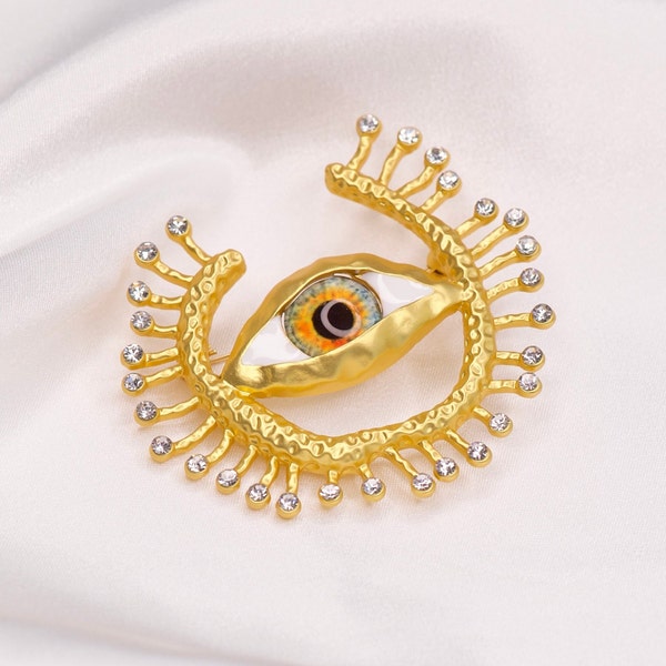 Gold vintage large brooch; Evil eye fashion pin; Schiaparelli style eye brooch; Large evil eye brooch; Crystals pin