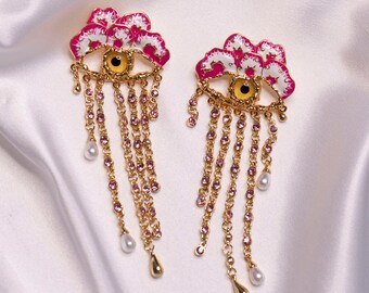 Vintage gold tone evil eye pansy curtain earrings; Surrealist florals; Pink flower evil eye crystals teardrop earrings; Festival jewelry