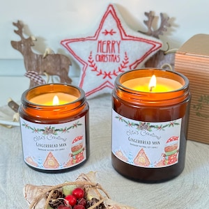 Gingerbread man scented soy wax candle for Christmas gifts, stocking fillers, home decoration. Handmade Vegan candle.