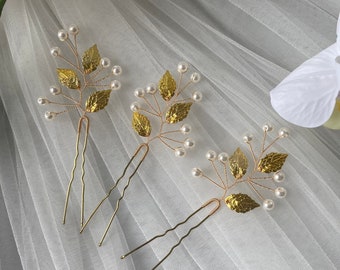 Golden hair pins Set of 3 pcs wedding, bridal