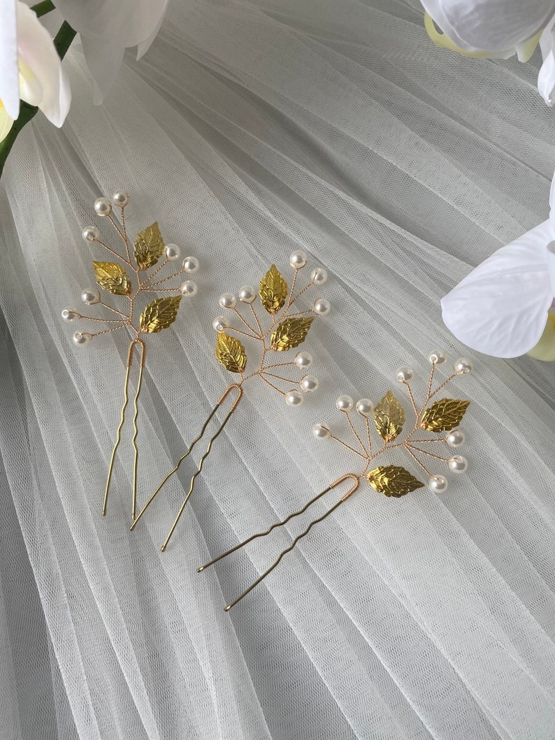 Golden hair pins Set of 3 pcs wedding, bridal image 1