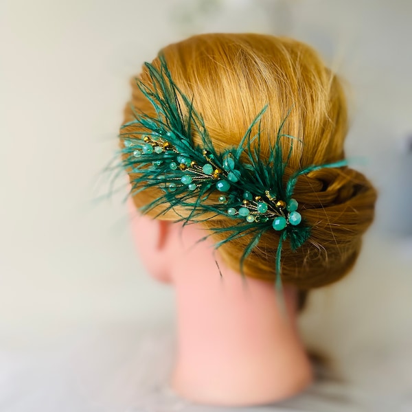 Bridal, bridesmaids, wedding eye catching Erinite green crystals with beautiful feather hair pins set of 3 pieces