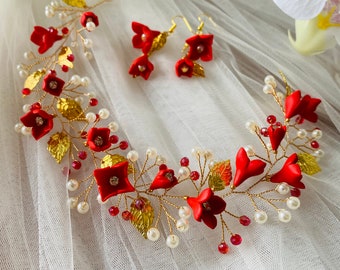 wedding, bridal, bridesmaids Gold and red headband 35cm long with earrings