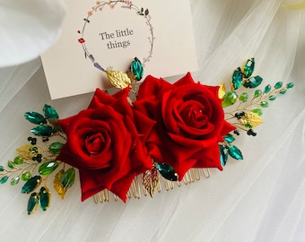 Beautiful red velvet rose with emerald green crystals hair comb