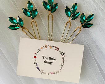 Set of 5 pieces Emerald green Rhinestone hair pins for wedding, bridal, bridesmaids etc.