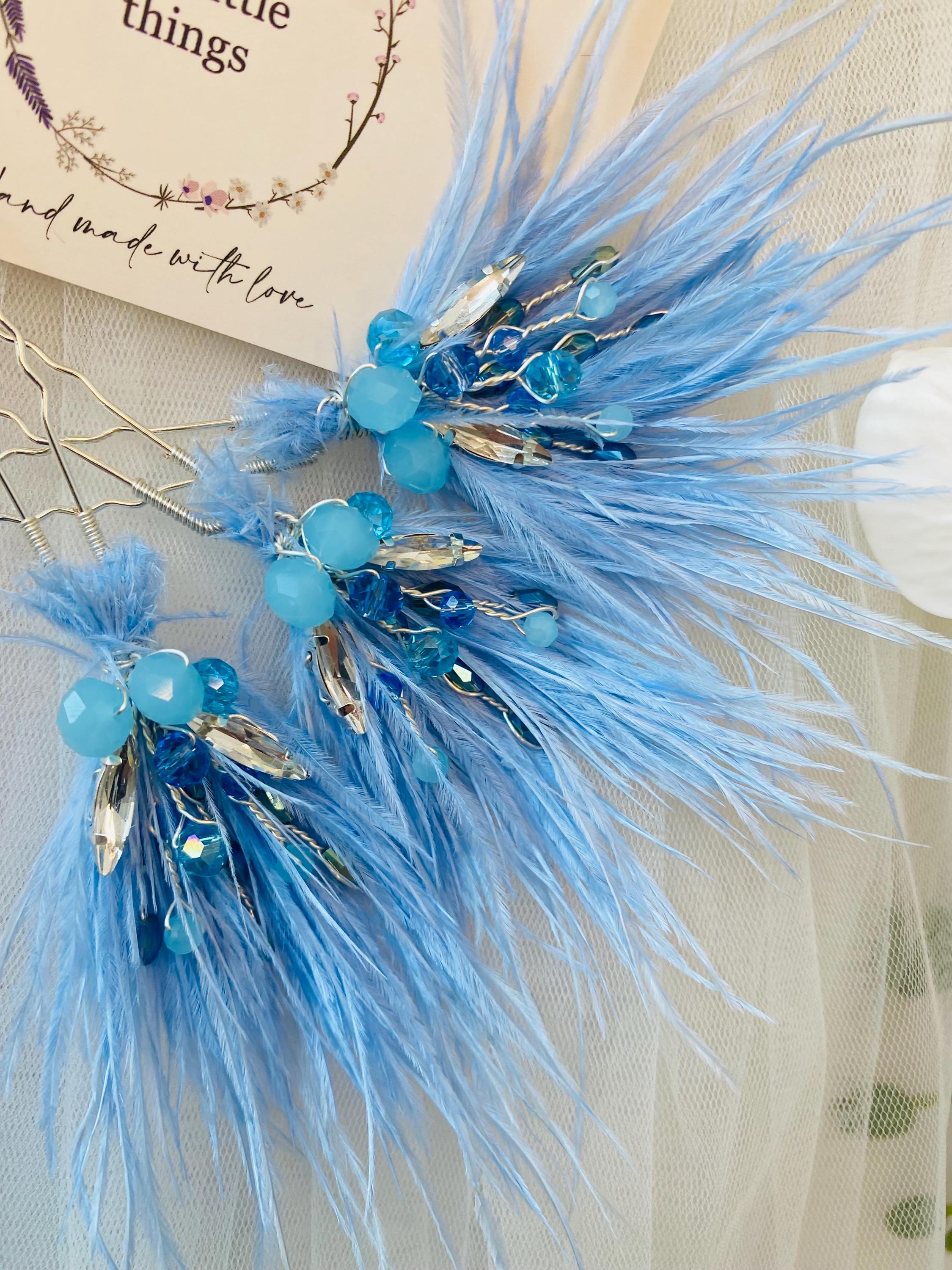 Blue Ostrich Feather Crystal Bridal Hair Pins Set – Elegant 
