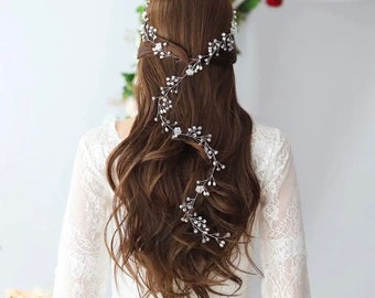 Bridal hair vine silver, Crystal Pearl 100cm long