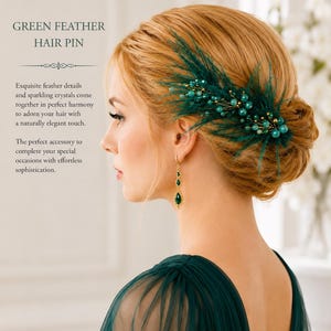 Erinite Green Feather Crystal Hair Pins Set, Bridal Wedding Hair Accessories