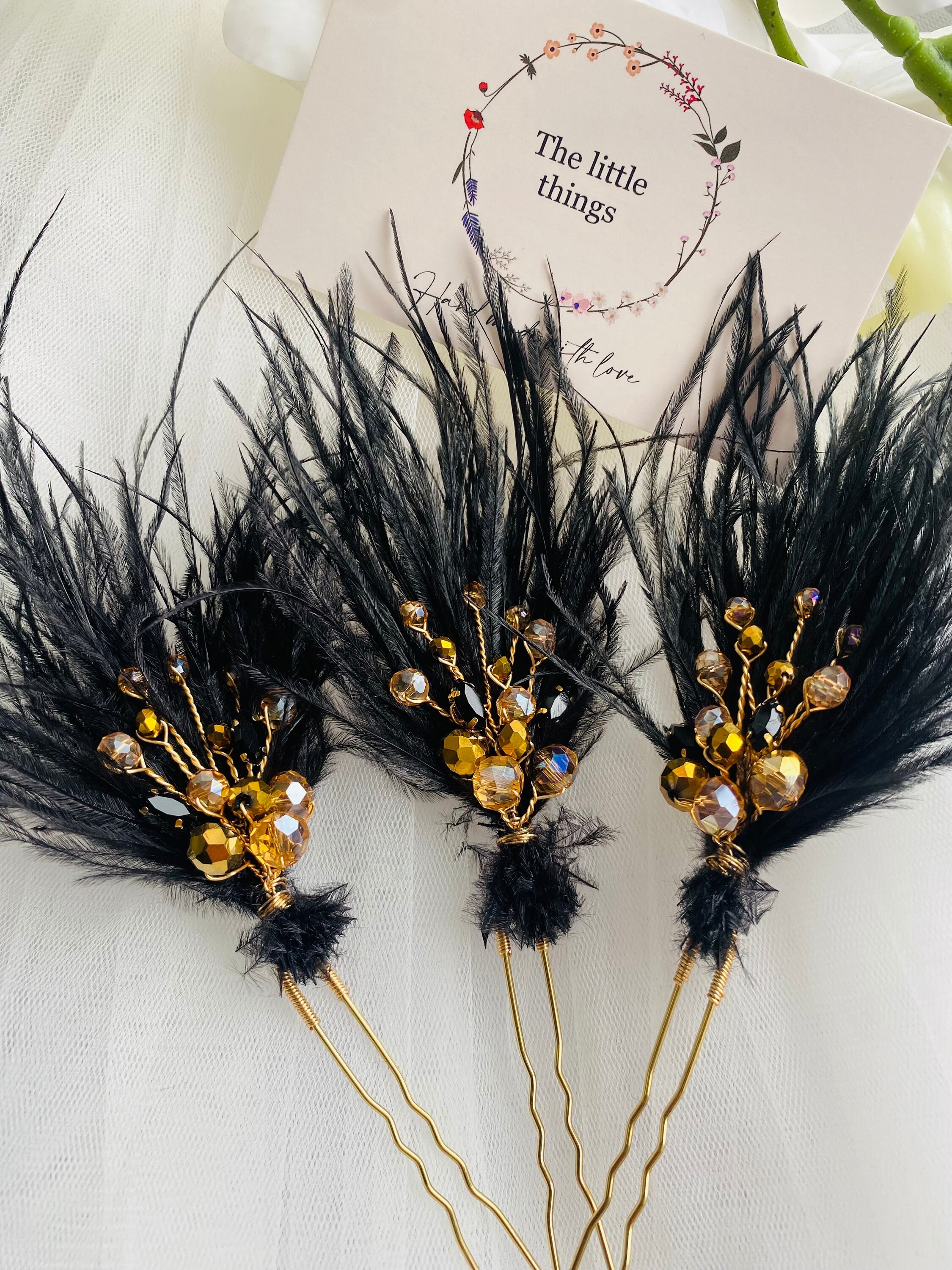 Set of 5 Feather & Rhinestone Hair &  Broches Floral rhinestone hair pins - Dainty rhinestone blossom hair  main image 2