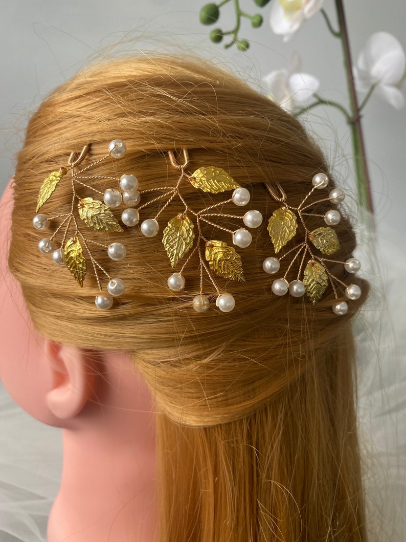 Golden hair pins Set of 3 pcs wedding, bridal image 2