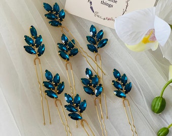 Bridesmaids, bridal, wedding, Capri blue crystal hair pin set of 3 pieces