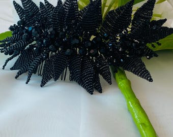 Hochzeit, Braut, schwarze Kristall Blatt Haarkamm, Gothic Braut Perlen Kopfschmuck.