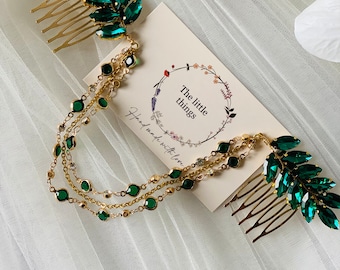 Bridal, wedding, bridesmaids headpiece's with emerald green crystal with chain.