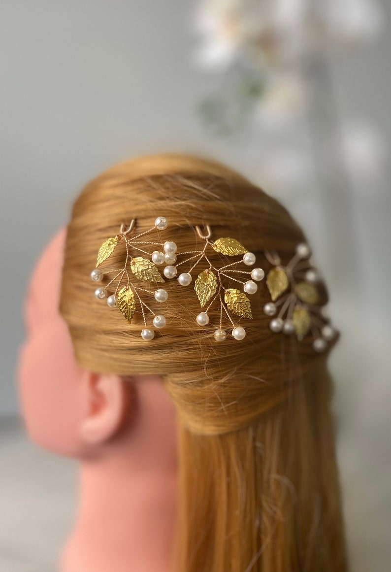 Golden hair pins Set of 3 pcs wedding, bridal image 10