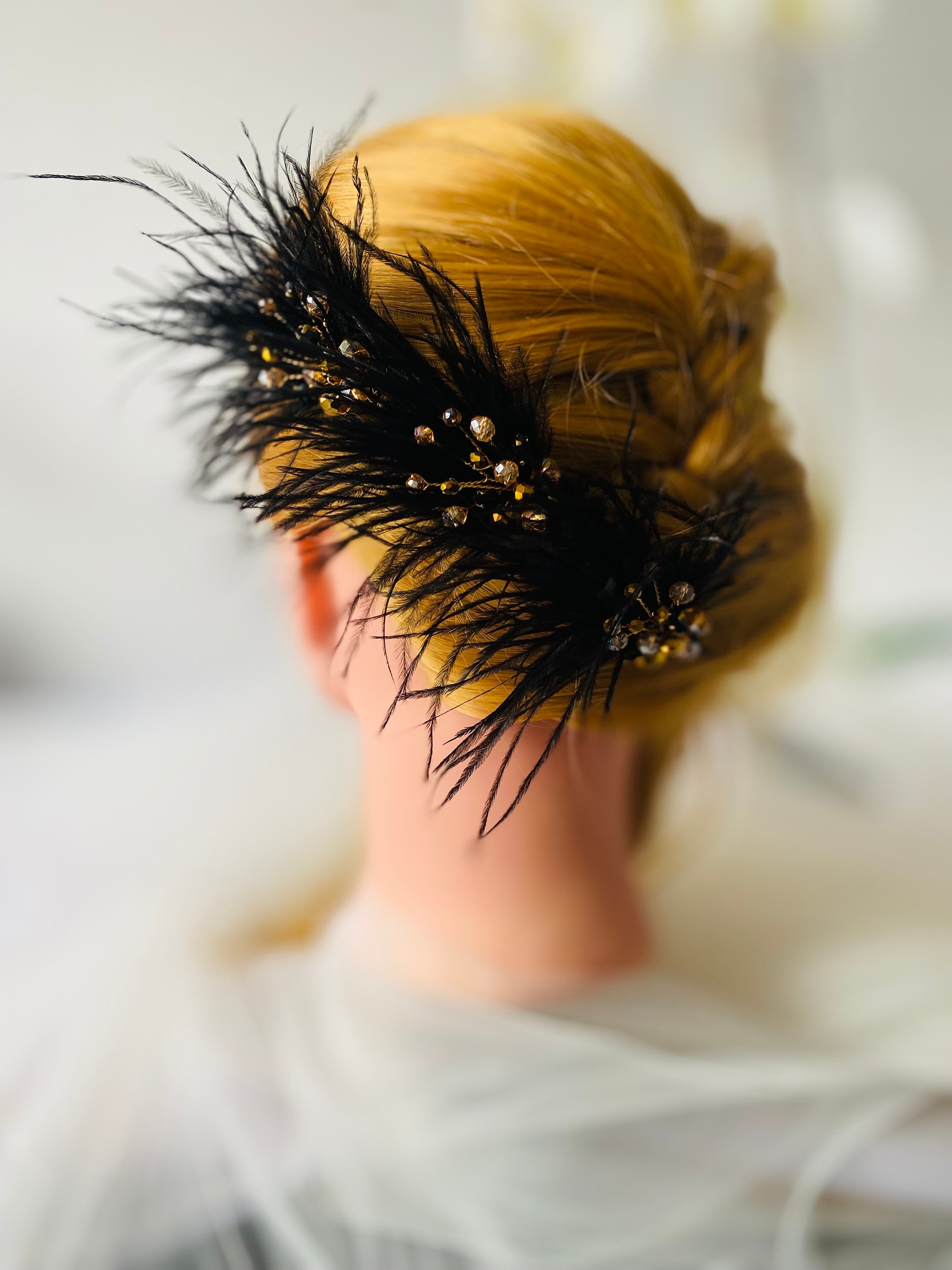 Black Feather Rhinestone Hair Pins Set, Vintage Bridal Hair  display picture 2
