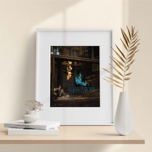 Op de afbeelding: Een wit ingelijste foto van een winkelgevel met een bord waarop "The Birds & The Beets" staat. Het bord is in blauwe tekst met een gestileerde vogel- en biet-illustratie. De winkelgevel is donker en er hangen lampen aan het plafond.