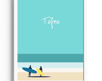 May include: A turquoise and white illustration of two people standing on a beach with surfboards. The text "Tofino" is written in white at the top of the image.