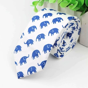 Blue Elephant Skinny Tie - White Cotton Necktie for Men, Fun Animal Lover Gift, Whimsical Zoo Style, Dad Gift for Him