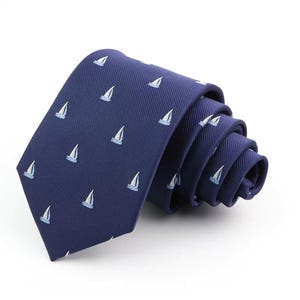 Sailboat Skinny Tie - Navy Blue Nautical Necktie for Men, Coastal Preppy Sailing Gift, Dad Gift for Him, Beach Groomsman