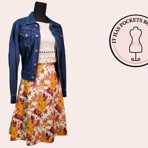 High Waisted, Flat Front Floral Calf Length Midi Skirt