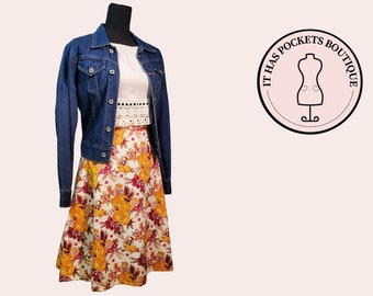 High Waisted, Flat Front Floral Calf Length Midi Skirt