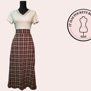 High Waisted, Flat Front Maxi Length Skirt in Brown, Tan, and Blue Plaid