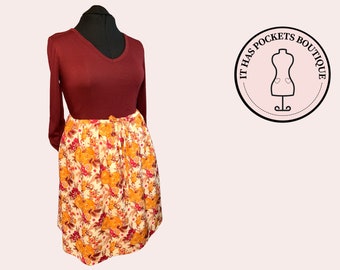 Colorful, Gathered, Extra Full, Yellow Floral Calf Length Midi Skirt