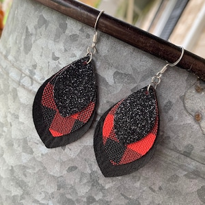 Red & Black Buffalo Plaid Faux Leather Earrings/ Women’s Earrings/ Plaid Faux Leather Earrings/ Red and Black Buffalo Plaid