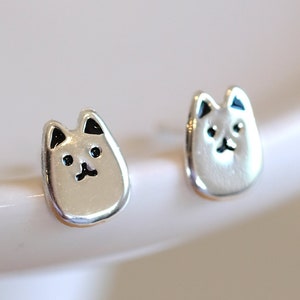 Cute Chubby Cat Silver Earrings - Dainty 925 Sterling Silver Stud Friction Push Back Earrings, Minimalist, Cat Lover, Gift, Funny, Animal
